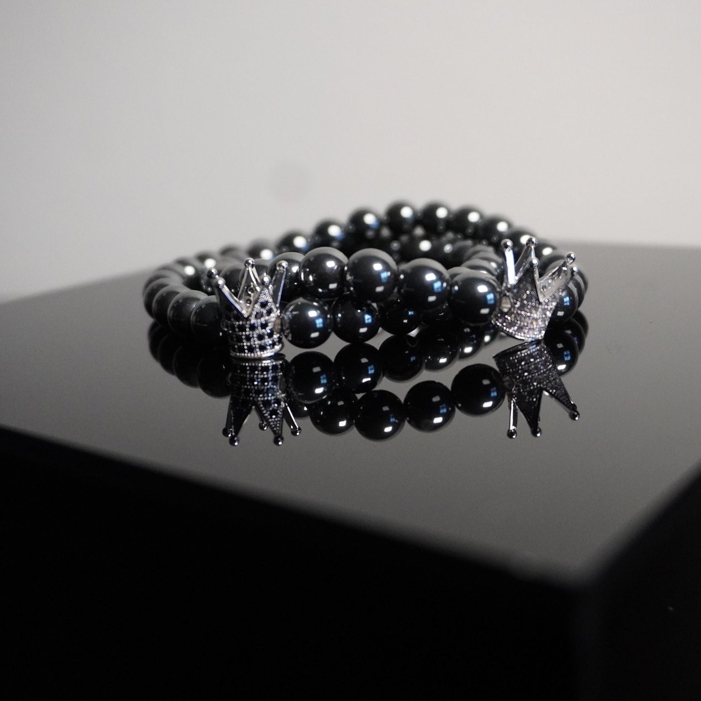Regal Crown Hematite Bracelet - Elegant Gemstone Beaded Bracelet with Charm Accents for Sophisticated Style