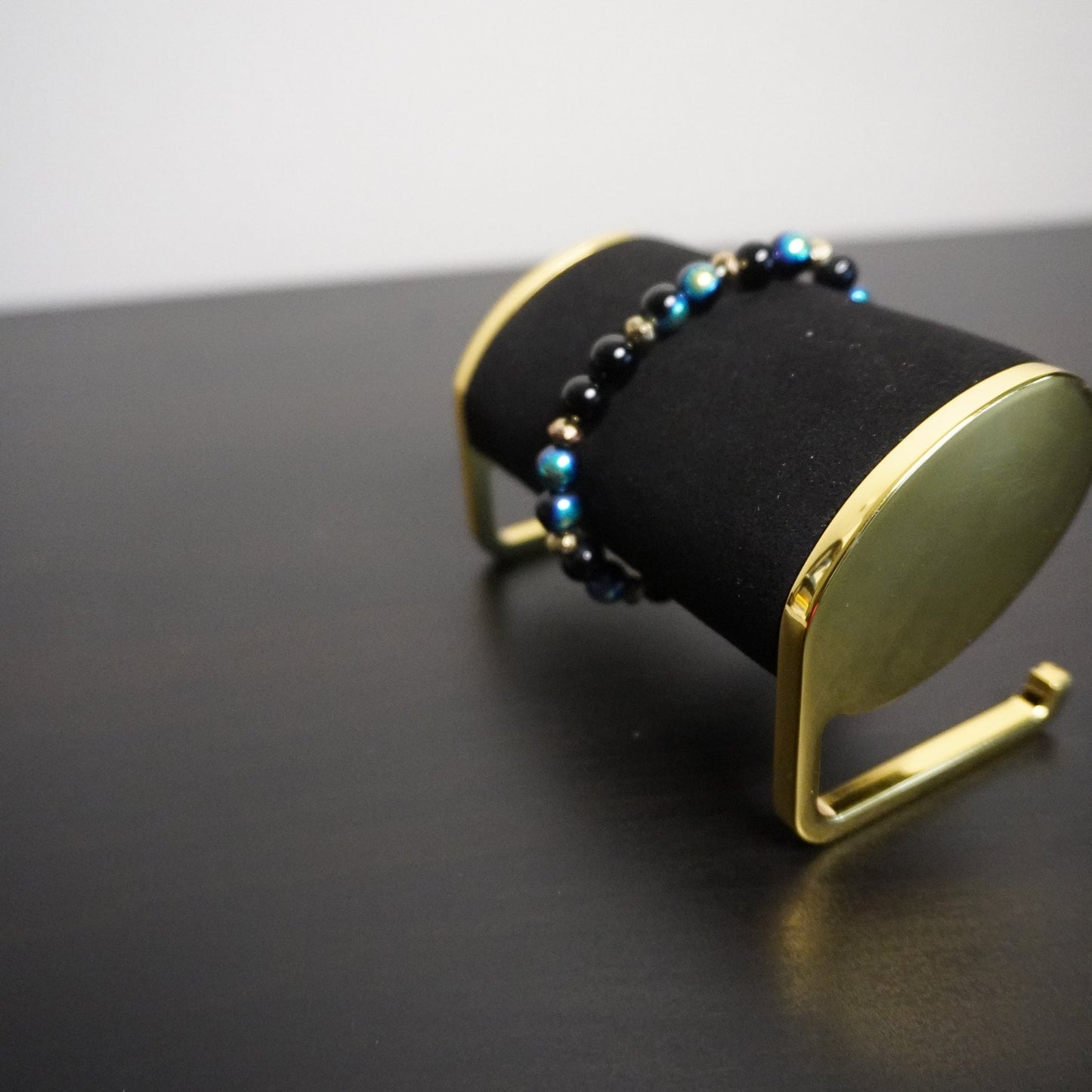 Handcrafted Black & Blue Glass Beaded Bracelet - Midnight Elegance