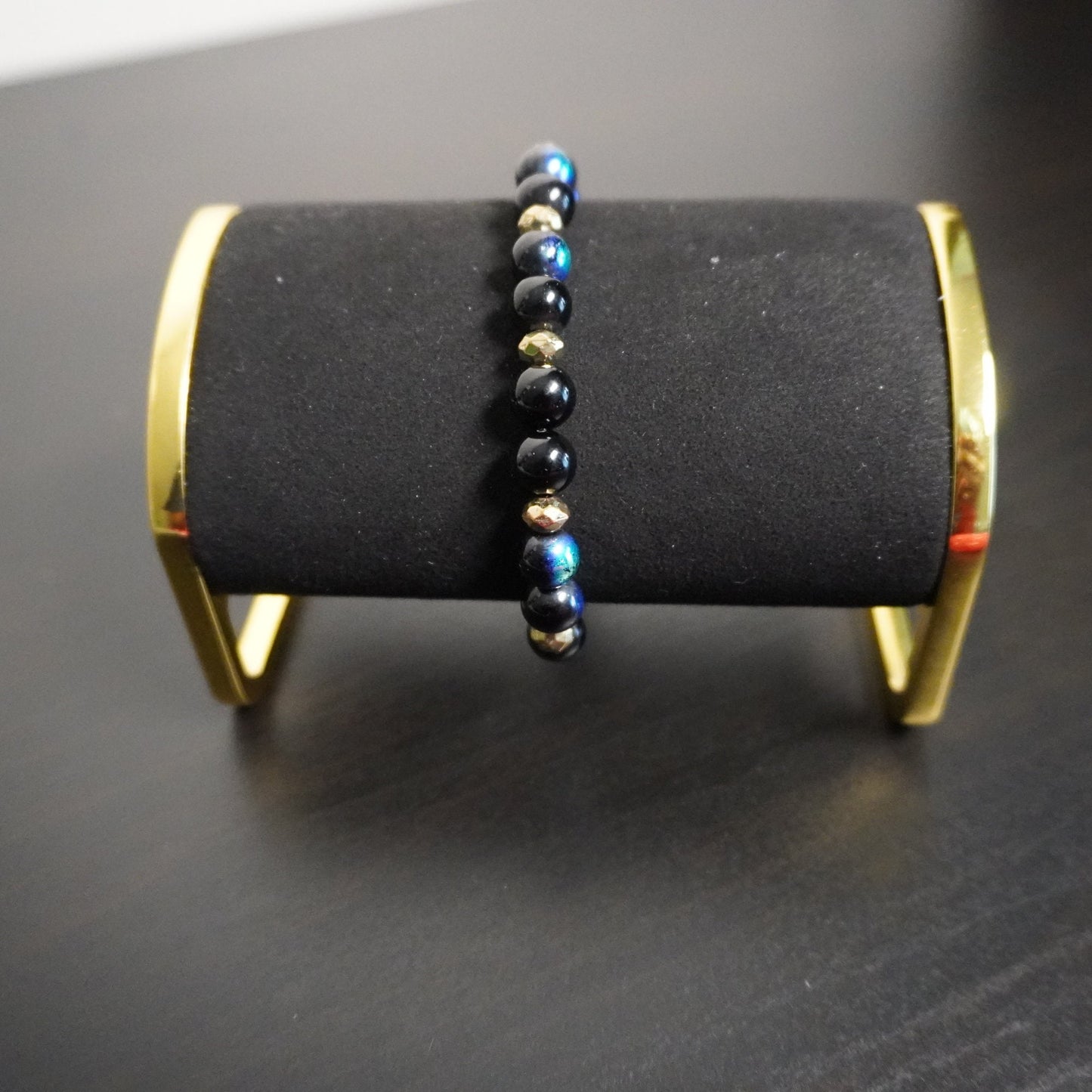 Handcrafted Black & Blue Glass Beaded Bracelet - Midnight Elegance