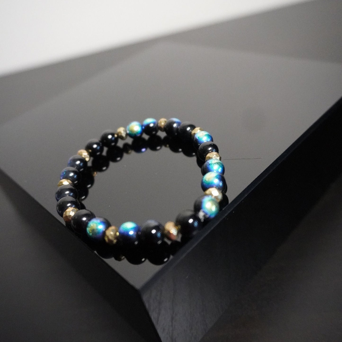 Handcrafted Black & Blue Glass Beaded Bracelet - Midnight Elegance