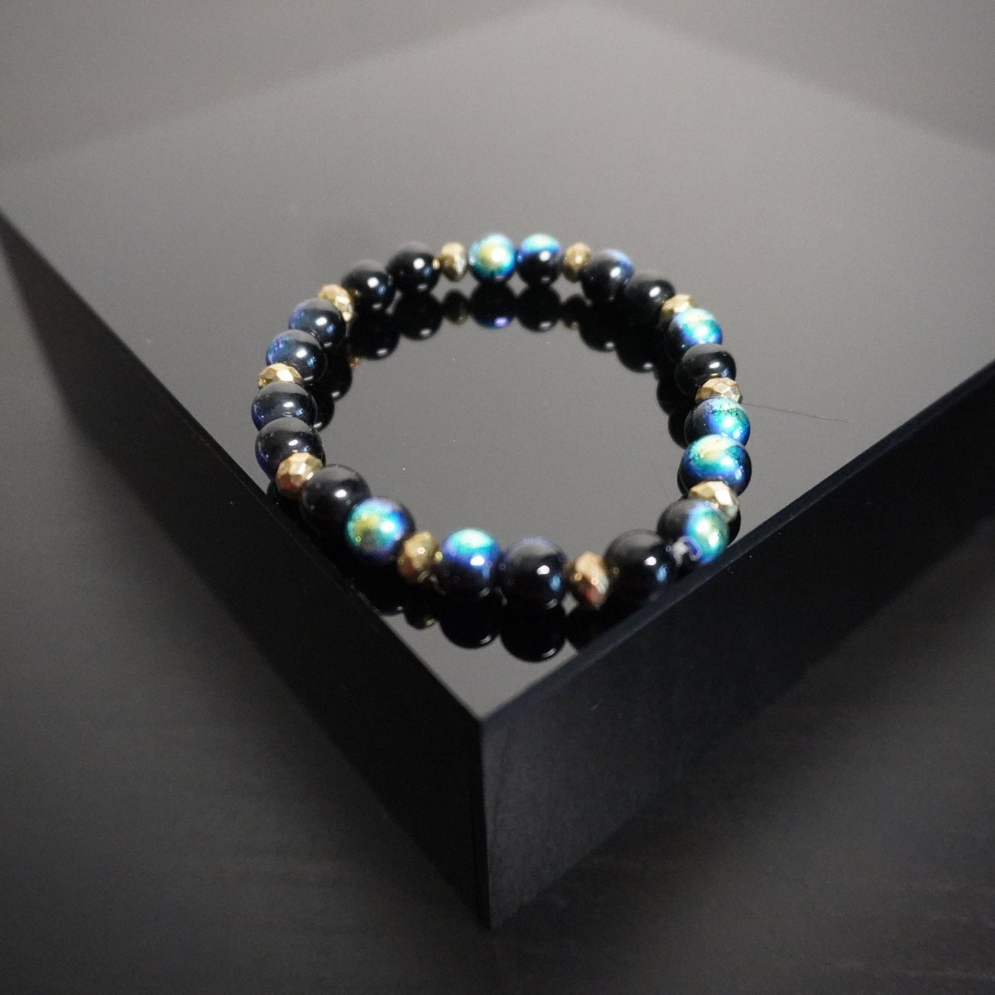 Handcrafted Black & Blue Glass Beaded Bracelet - Midnight Elegance