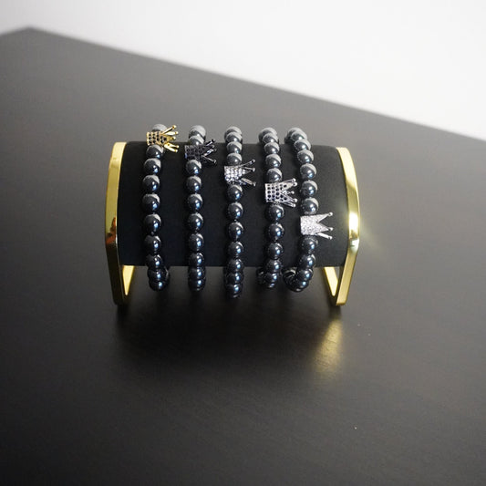 Regal Crown Hematite Bracelet - Elegant Gemstone Beaded Bracelet with Charm Accents for Sophisticated Style