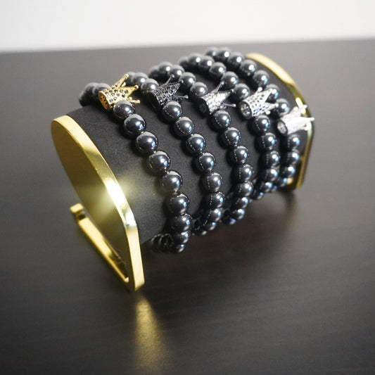 Regal Crown Hematite Bracelet - Elegant Gemstone Beaded Bracelet with Charm Accents for Sophisticated Style