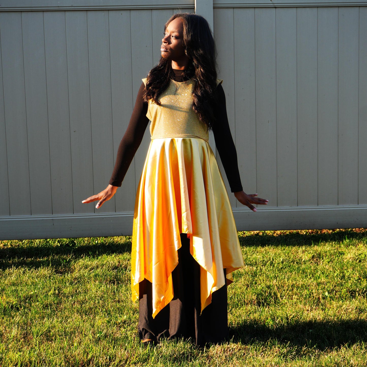 Adult Glitter Liturgical Dance Tunic: Flowing Handkerchief Hem, Custom Colors (Wide Waist)