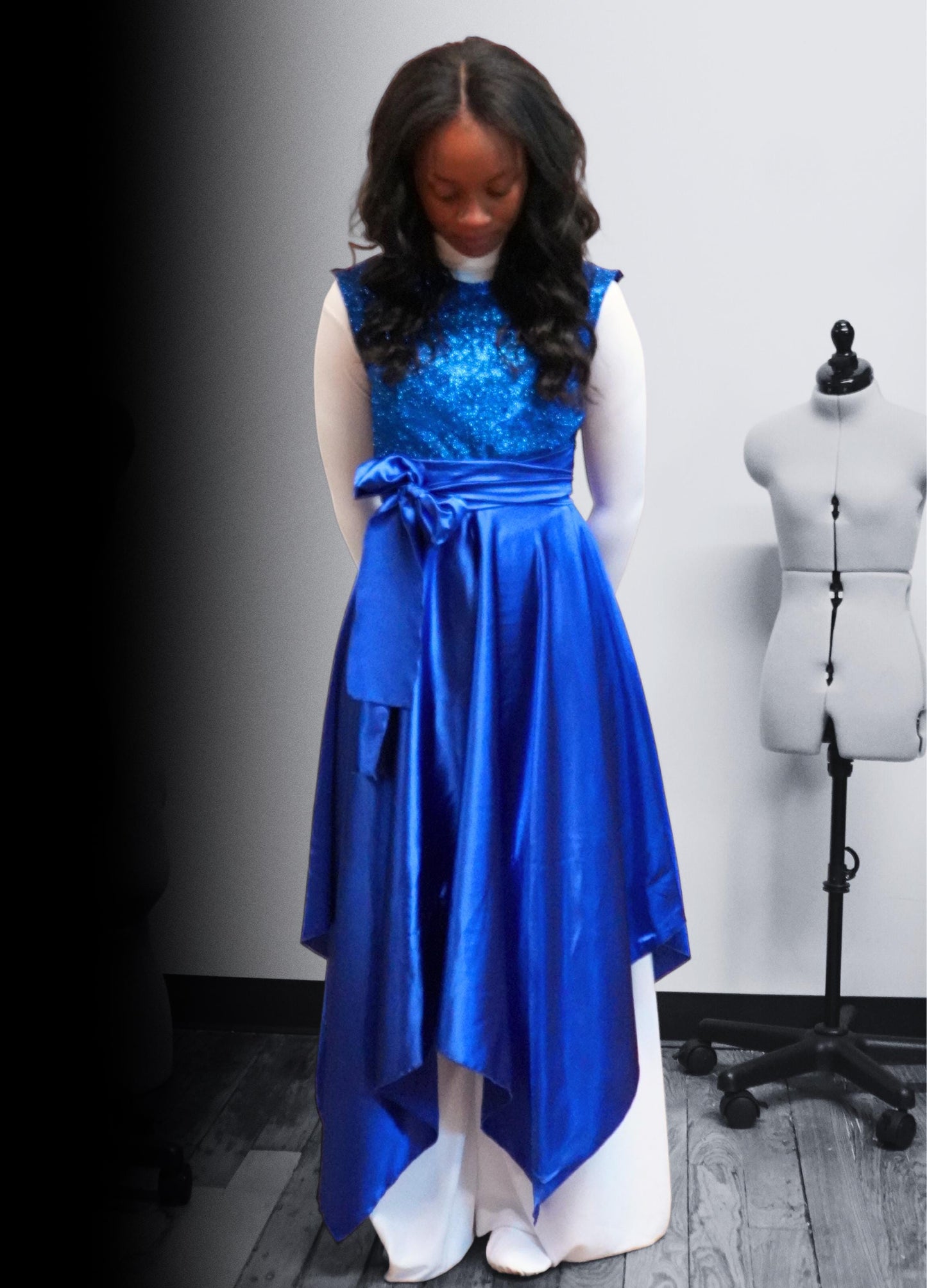Glitter Belted Liturgical Dance Tunic: Flowing Handkerchief Hem, Custom Colors (Loose Fit - Adult 2XS - L)